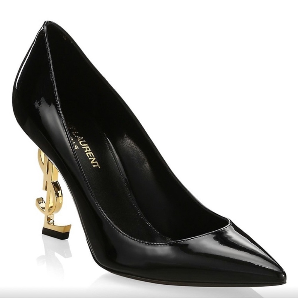Saint Laurent Black Patent Heels with Gold Accent